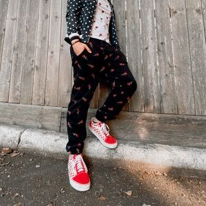 Red Rose Print Black Jogger Pants